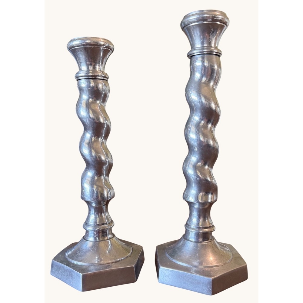 Vintage Cast Aluminum Candlesticks Pair Silver Tone Barley Twist Taper India